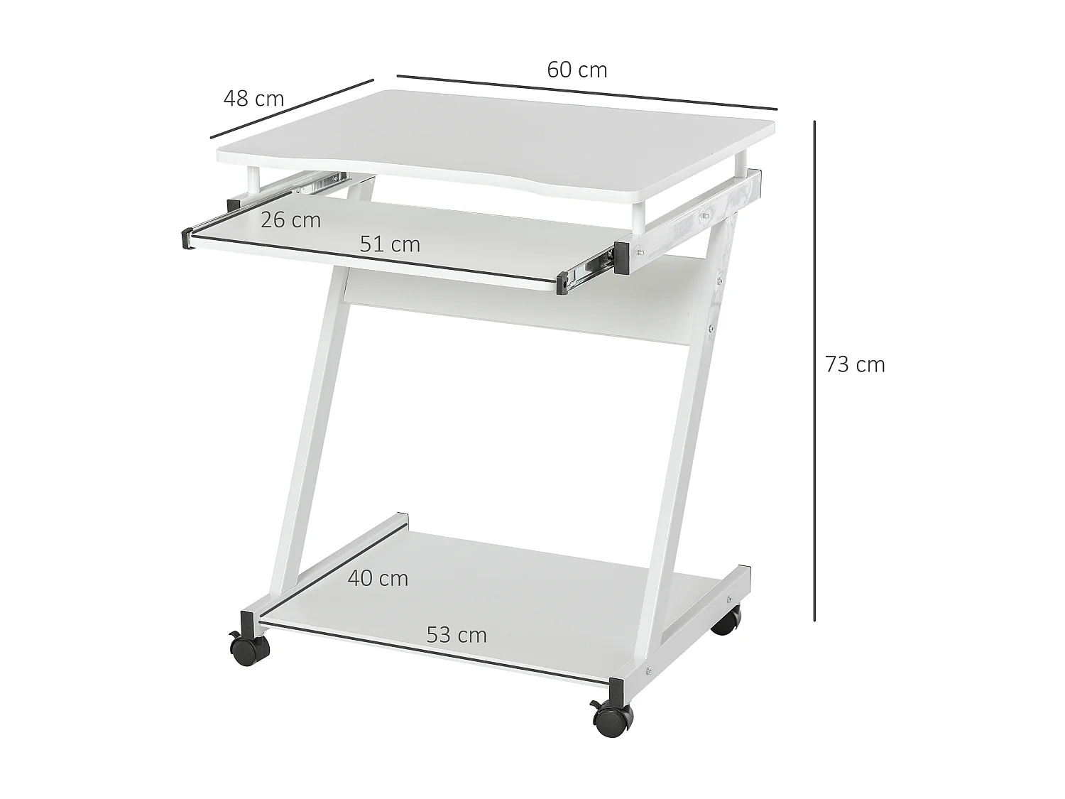 Easycomfort Tavolo Porta Pc Classico E Salvaspazio, Piano Tastiera A Scomparsa, 4 Ruote E Ripiano Inferiore Bianco 60x48x73cm