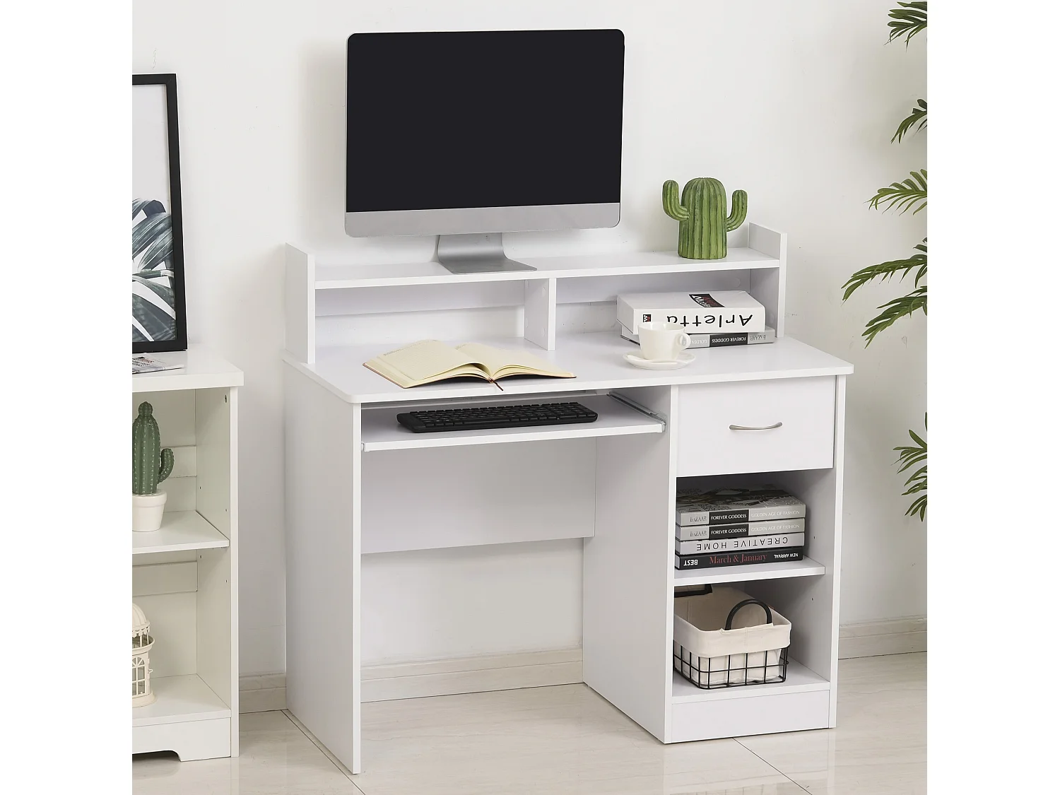 Easycomfort Scrivania Per Computer Compatta, Scrivania Pc Fisso In Legno Bianco Con Ripiano Tastiera Estraibile E Mensole 104x48x95.5cm