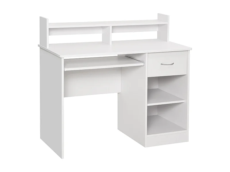 Easycomfort Scrivania Per Computer Compatta, Scrivania Pc Fisso In Legno Bianco Con Ripiano Tastiera Estraibile E Mensole 104x48x95.5cm