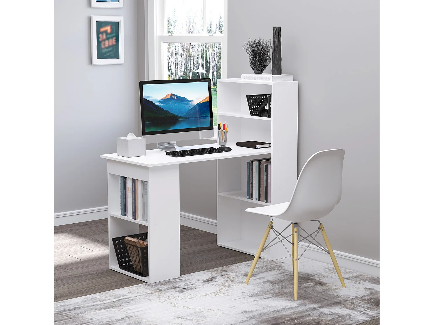Easycomfort Scrivania Computer Con Libreria Salvaspazio, Tavolo Da Pranzo Per Ufficio E Studio, 120x55x120 Cm, Bianco