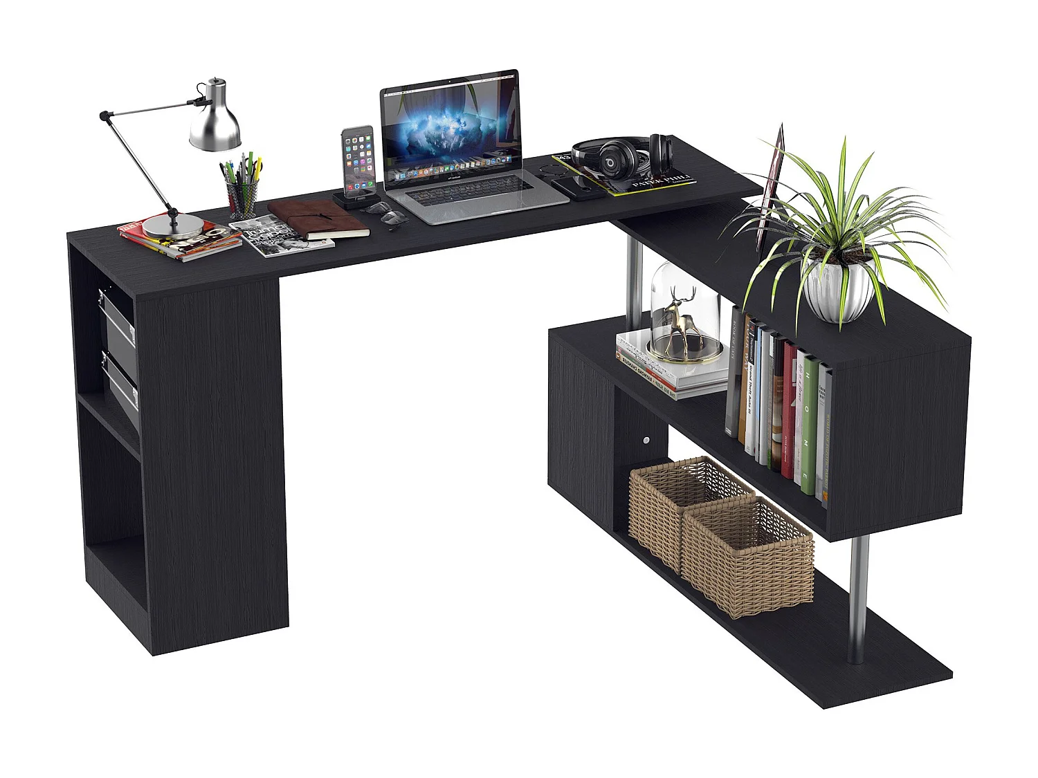 EasyComfort Scrivania Angolare Salvaspazio con Ripiano a S, Scrivania Moderna in Legno, 140x120x78 cm, Nero