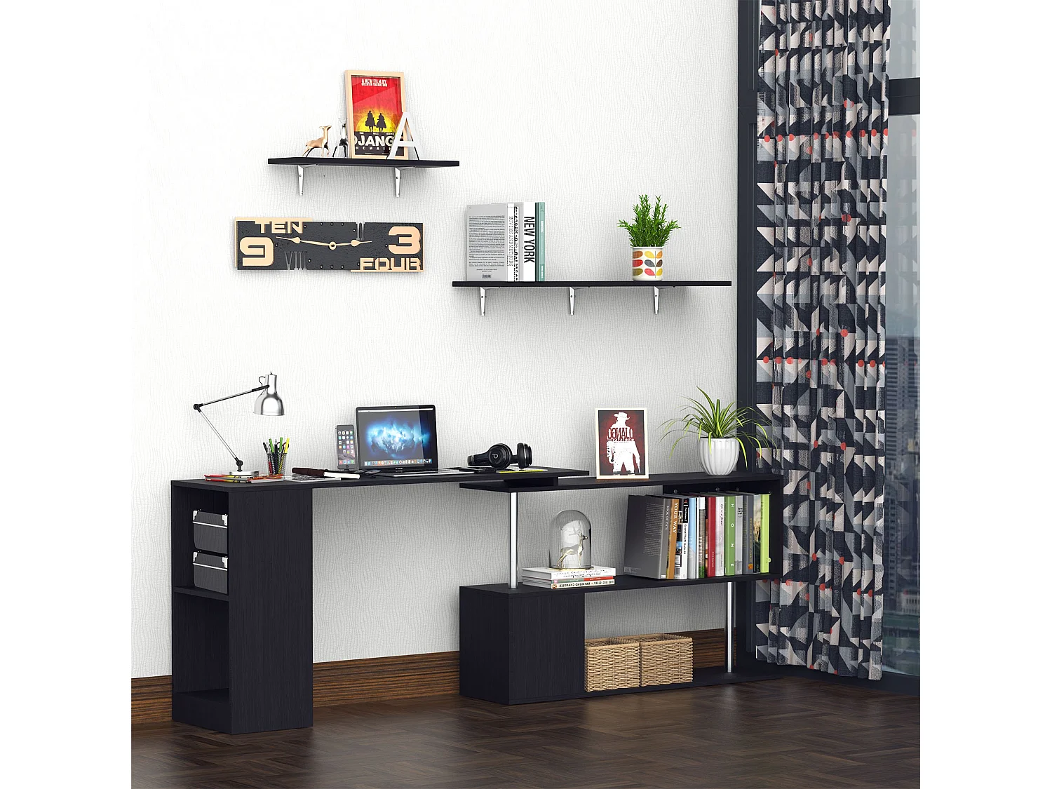 EasyComfort Scrivania Angolare Salvaspazio con Ripiano a S, Scrivania Moderna in Legno, 140x120x78 cm, Nero