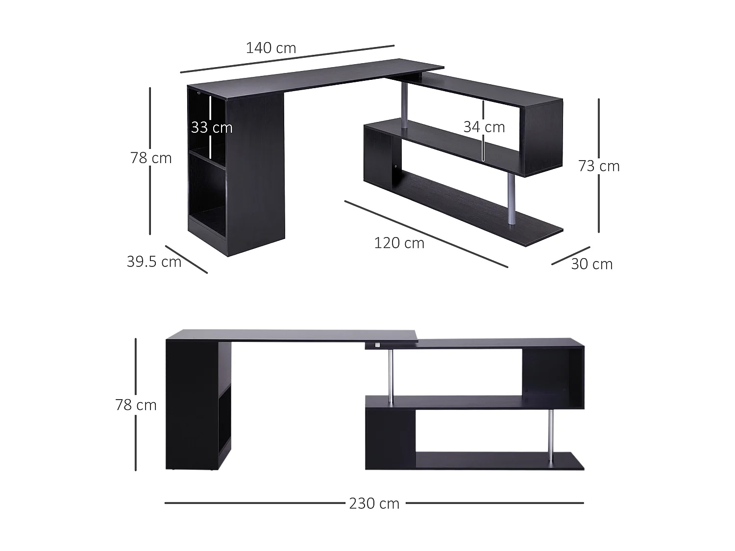 EasyComfort Scrivania Angolare Salvaspazio con Ripiano a S, Scrivania Moderna in Legno, 140x120x78 cm, Nero
