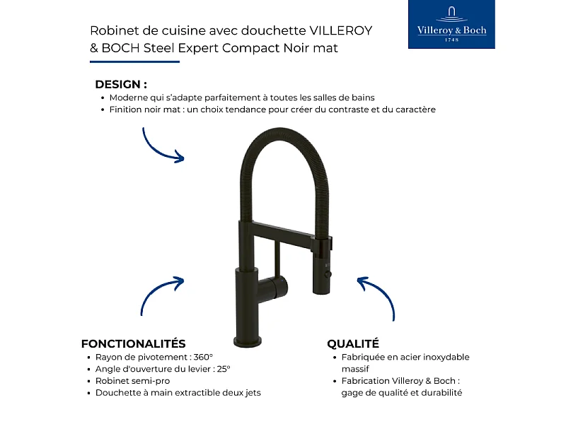 Robinet de cuisine avec douchette VILLEROY & BOCH Steel Expert Compact Noir mat