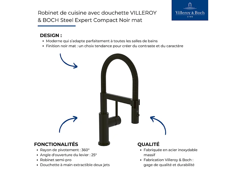Robinet de cuisine avec douchette VILLEROY & BOCH Steel Expert Compact Noir mat