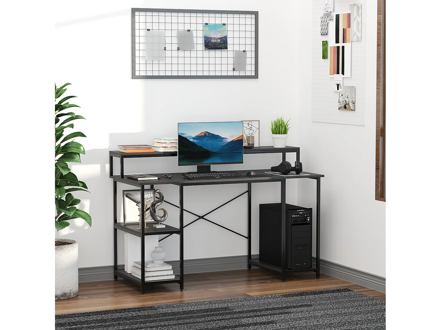 Easycomfort Scrivania Per Computer Con Ripiani Per Monitor E Cpu, Scrivania Da Ufficio Per Casa, Studio E Lavoro, Nera, 140 X 60 X 93cm