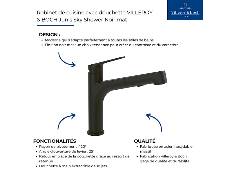 Robinet de cuisine avec douchette VILLEROY & BOCH Junis Sky Shower Noir mat