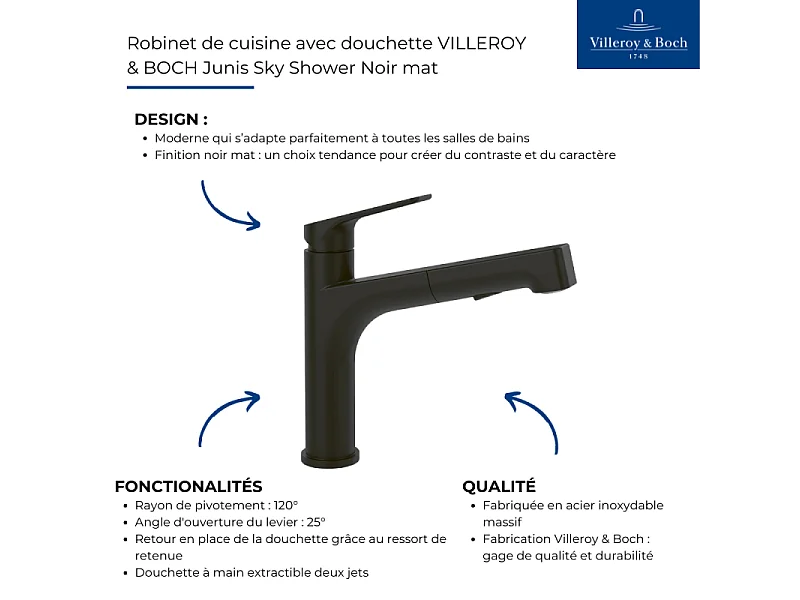 Robinet de cuisine avec douchette VILLEROY & BOCH Junis Sky Shower Noir mat