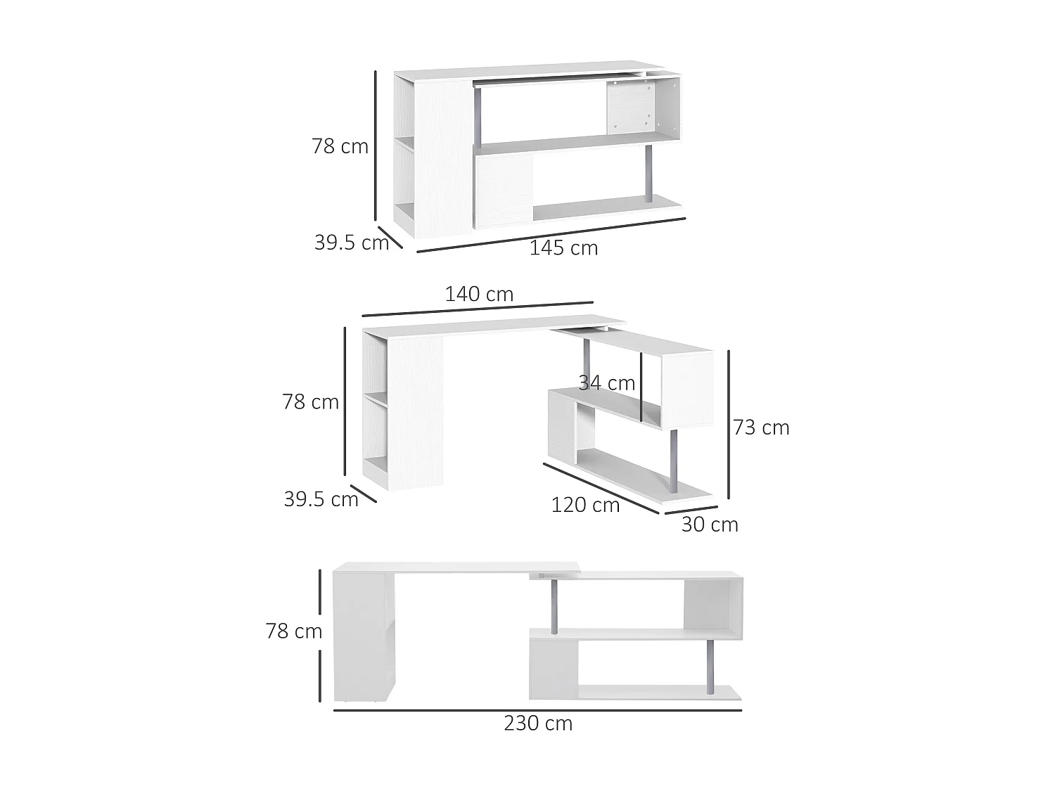 Easycomfort Scrivania Moderna, Angolare E Girevole Con Libreria, Tavolo Da Pranzo In Truciolato Bianco, 140x120x78 Cm