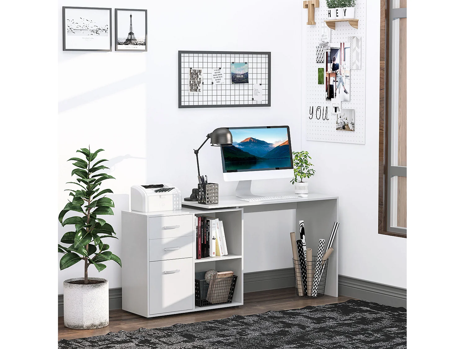Easycomfort Scrivania Angolare Per Pc Con 2 Cassetti E Ripiani Aperti, Scrivania Ad Angolo Forma A L In Legno E Metallo, 117x83.5x76 Cm, Bianco