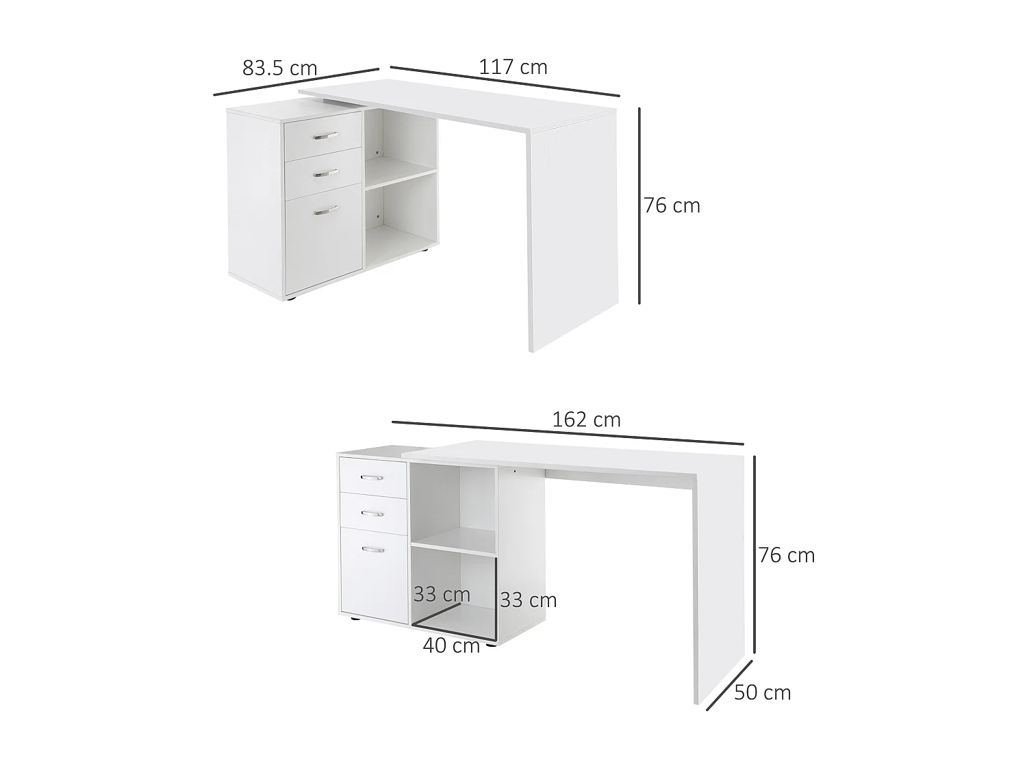 Easycomfort Scrivania Angolare Per Pc Con 2 Cassetti E Ripiani Aperti, Scrivania Ad Angolo Forma A L In Legno E Metallo, 117x83.5x76 Cm, Bianco