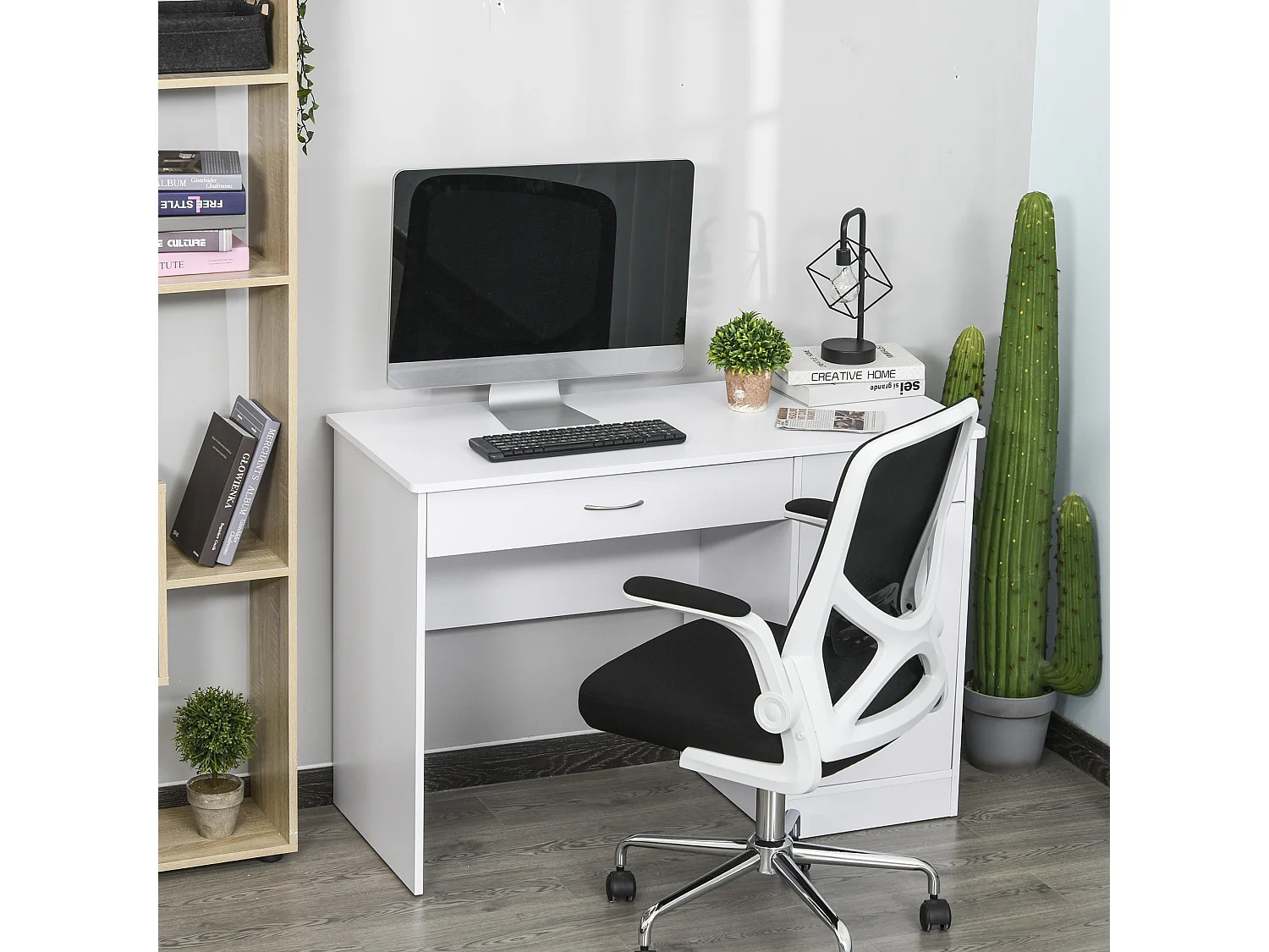 Easycomfort Scrivania Moderna Per Pc E Computer Con 2 Cassetti E 1 Armadietto, Scrivania Con Libreria Salvaspazio Per Ufficio O Camera In Legno, Bian