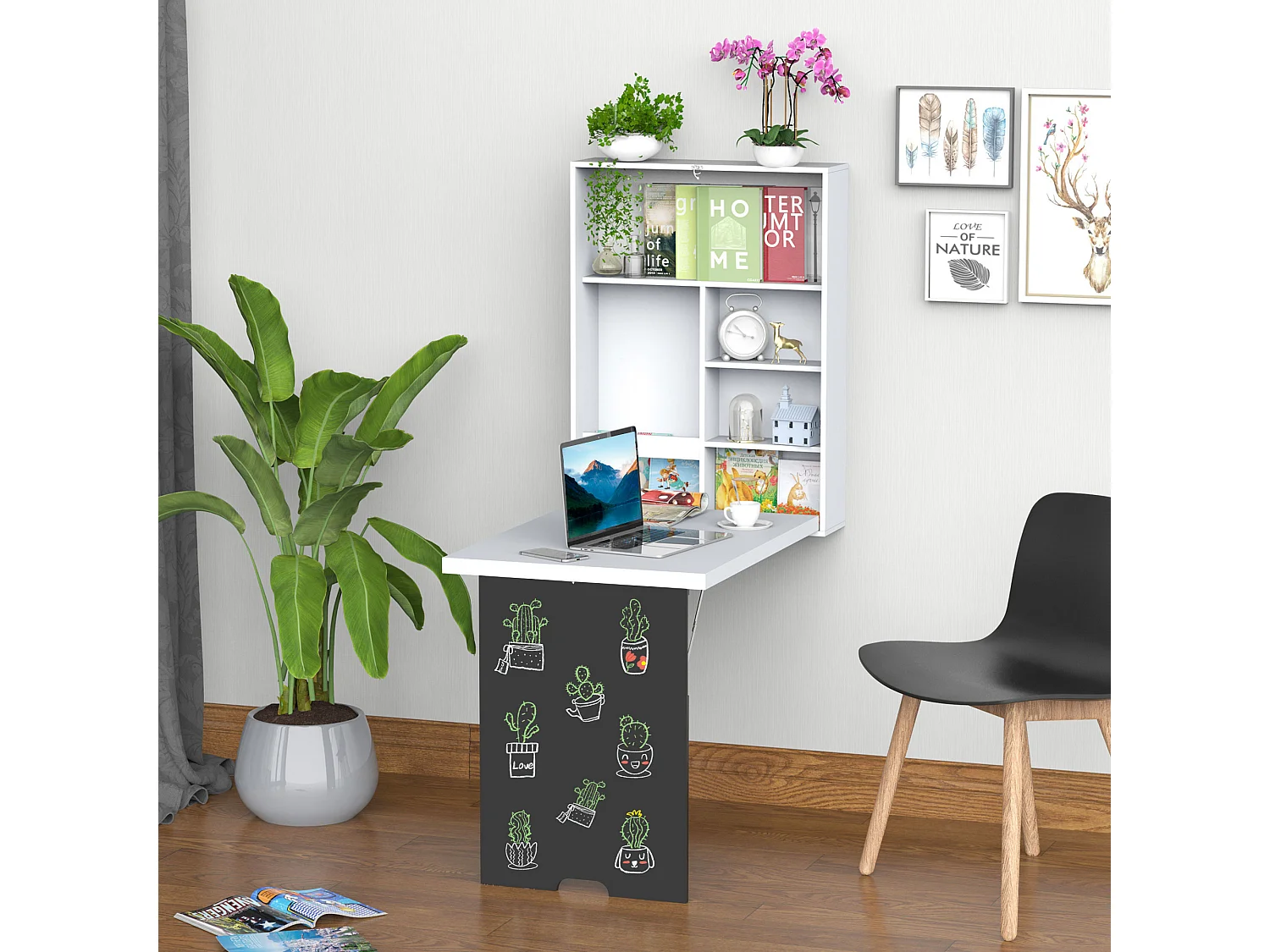 EasyComfort Tavolo Scrivania Pieghevole a Muro con Lavagna, 60x94.5x147cm, Bianco e Nero