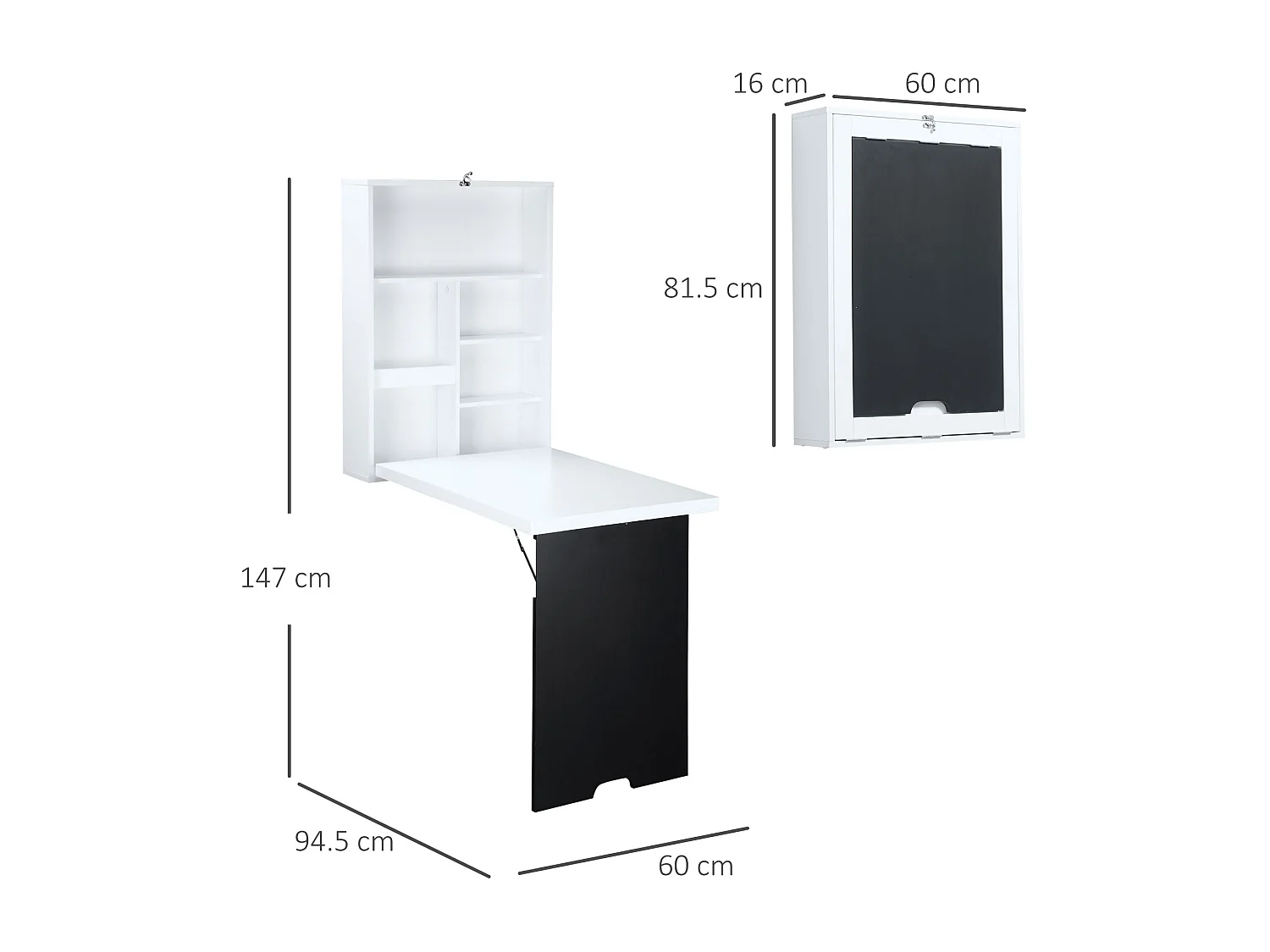 EasyComfort Tavolo Scrivania Pieghevole a Muro con Lavagna, 60x94.5x147cm, Bianco e Nero