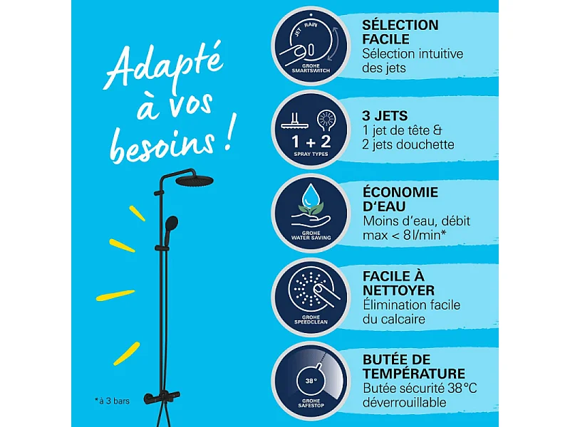 Colonne bain douche thermostatique GROHE Vitalio Start System noir mat + Tablette de douche d'angle  Start Cube