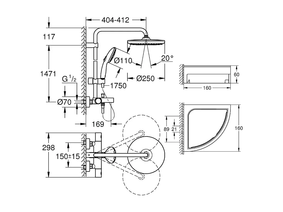 Colonne bain douche thermostatique GROHE Vitalio Start System noir mat + Tablette de douche d'angle  Start Cube
