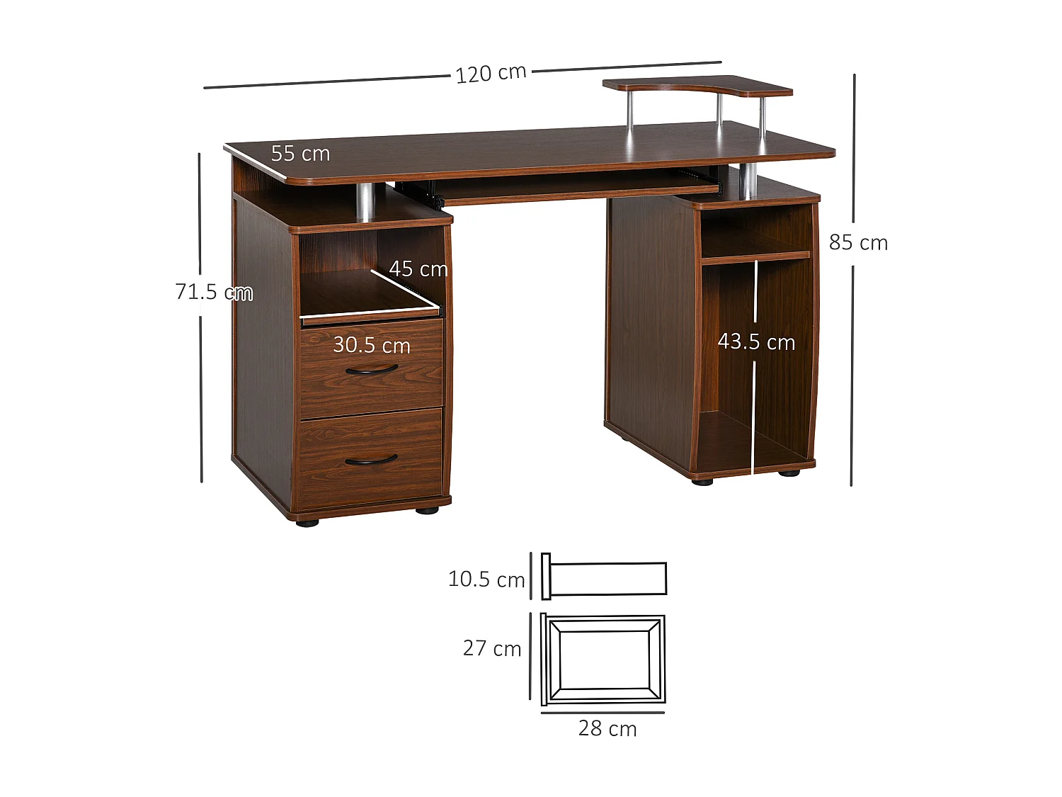 Easycomfort Scrivania Per Computer Moderna Porta Pc In Legno Con Cassetti, Scrivania Salvaspazio Con Libreria, Mensola Estraibile E Porta Tastiera, 1