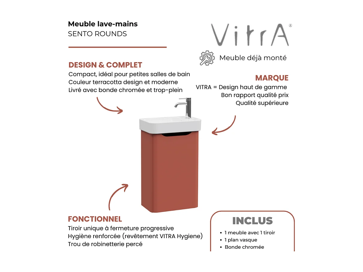 Meuble lave mains VITRA Sento Round terracotta avec plan vasque céramique 45 cm