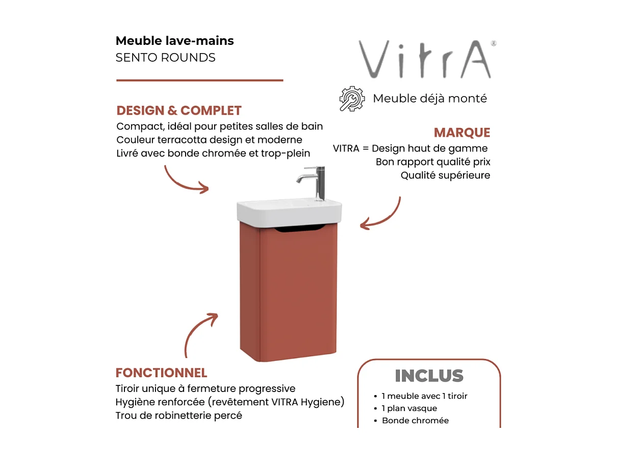 Meuble lave mains VITRA Sento Round terracotta avec plan vasque céramique 45 cm