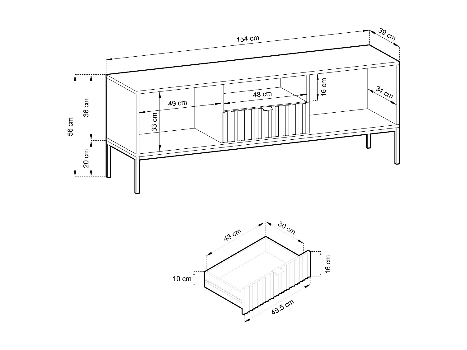 TV-Lowboard mit Schublade und schwarzem Gestell – Eiche Vicenza Optik – 154 cm – VELLORE