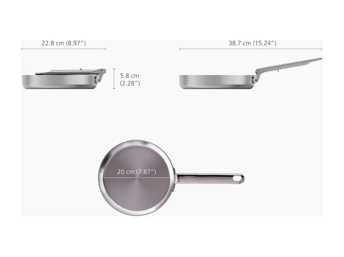 Space Steel Bratpfanne 20 cm (8") aus Edelstahl, klappbarer Griff, ideal für kleine Küchen, leicht zu reinigen und zu verstauen.