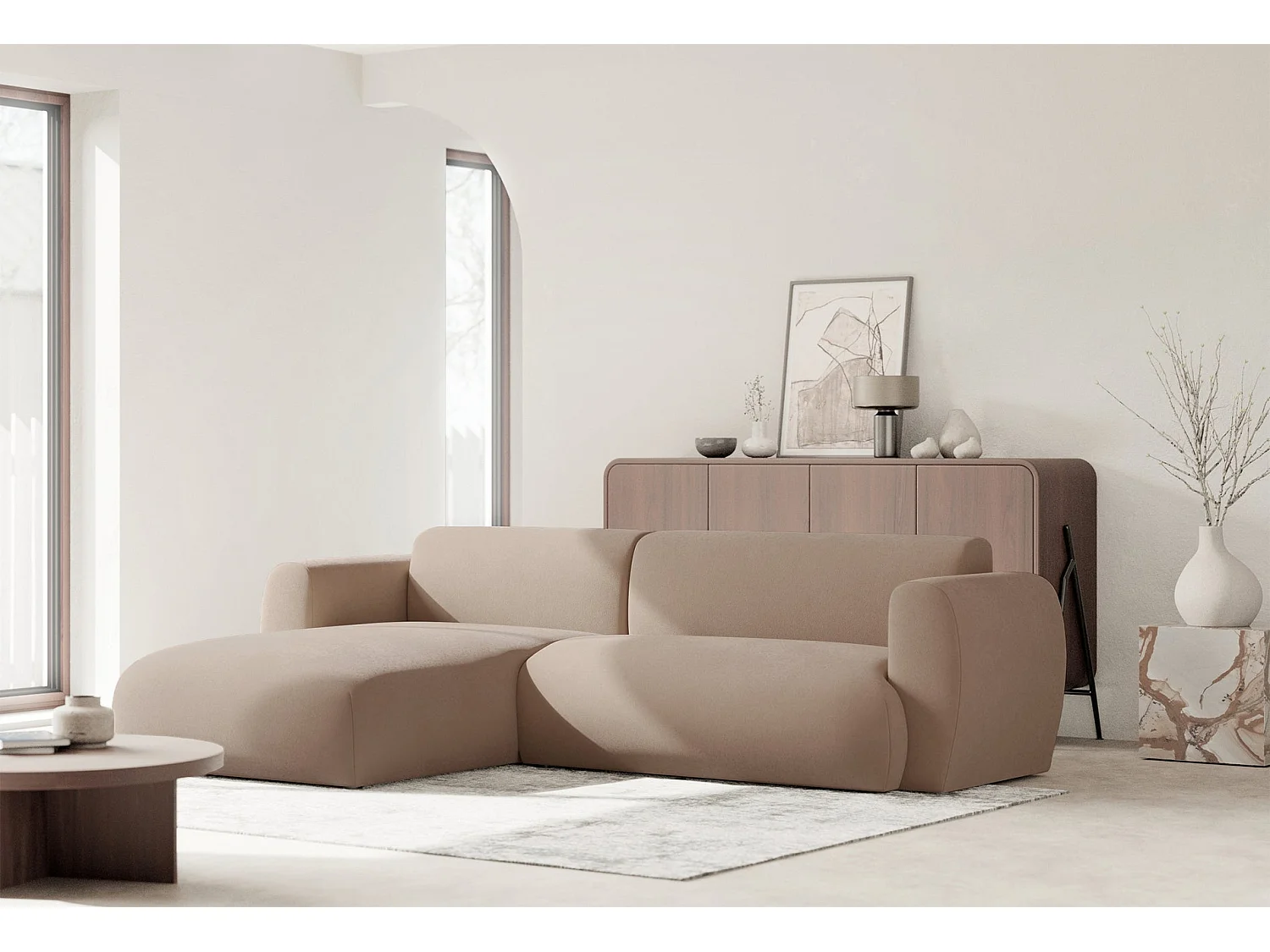 Canapé d'angle convertible 3 places en tissu chenille beige EMIA