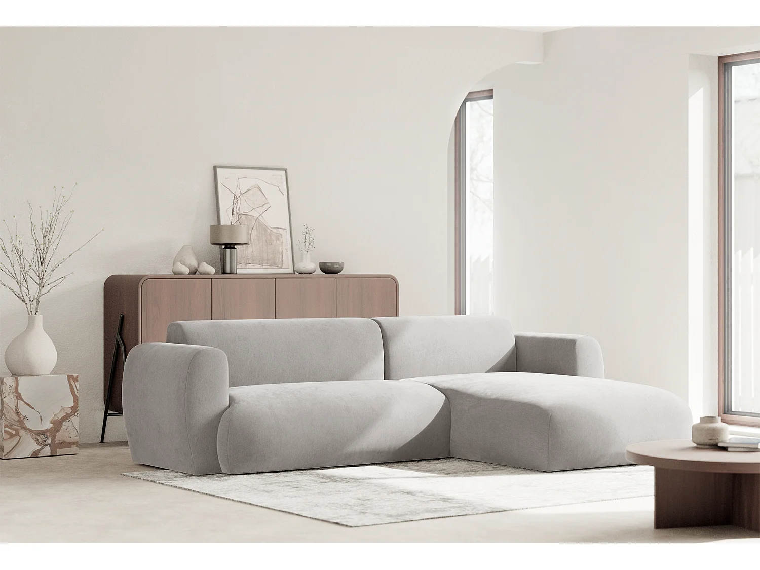 Canapé d’angle avec tissu chenille – couchage – Gris clair – droit – EMIA