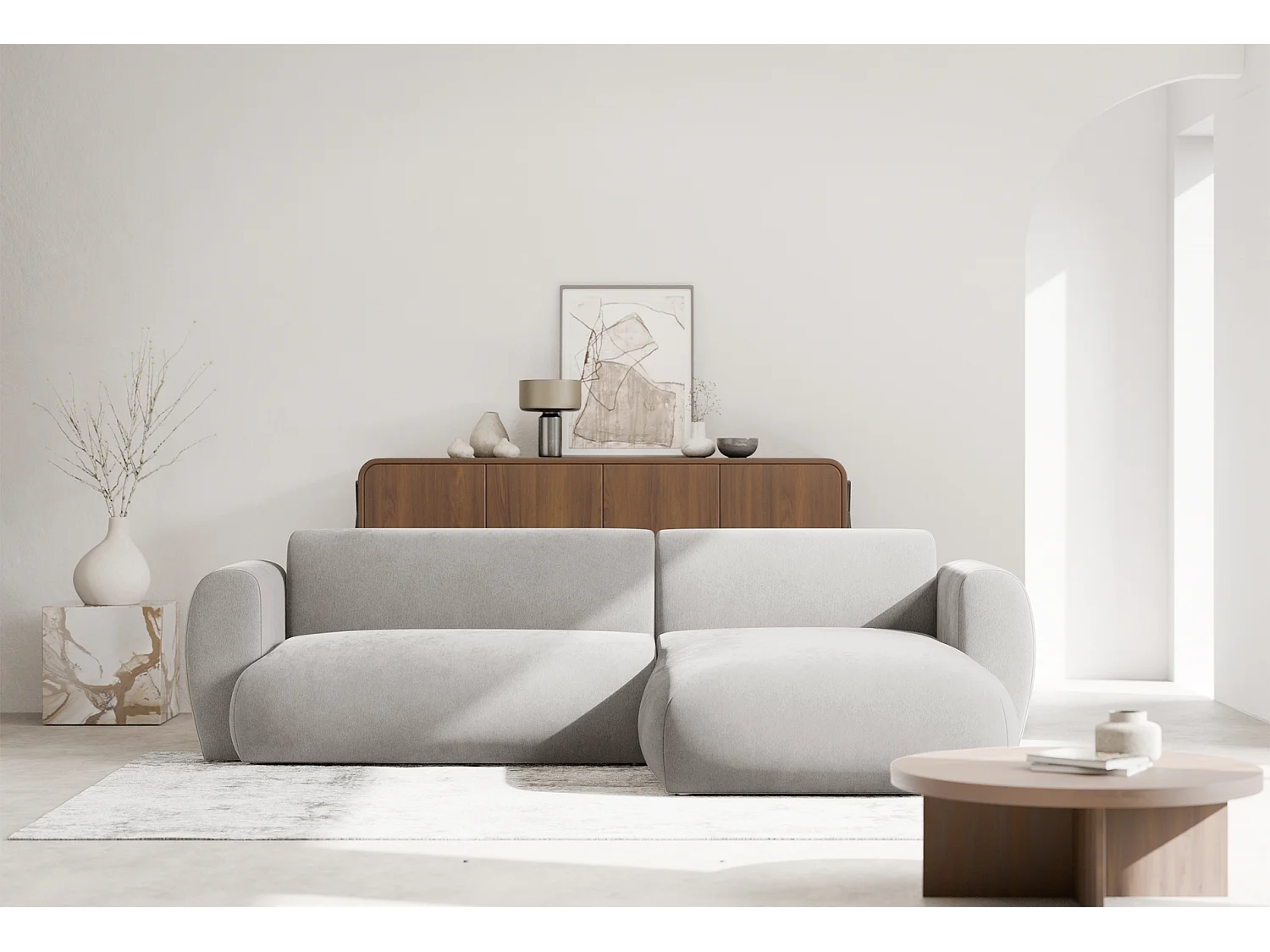 Canapé d’angle avec tissu chenille – couchage – Gris clair – droit – EMIA