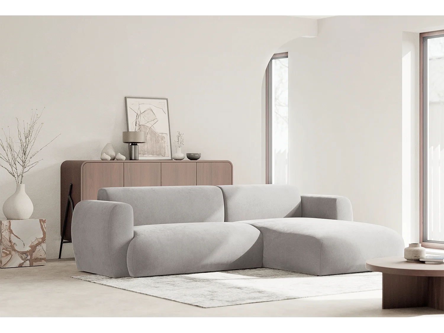 Canapé d’angle avec tissu chenille – couchage – Gris clair – droit – EMIA