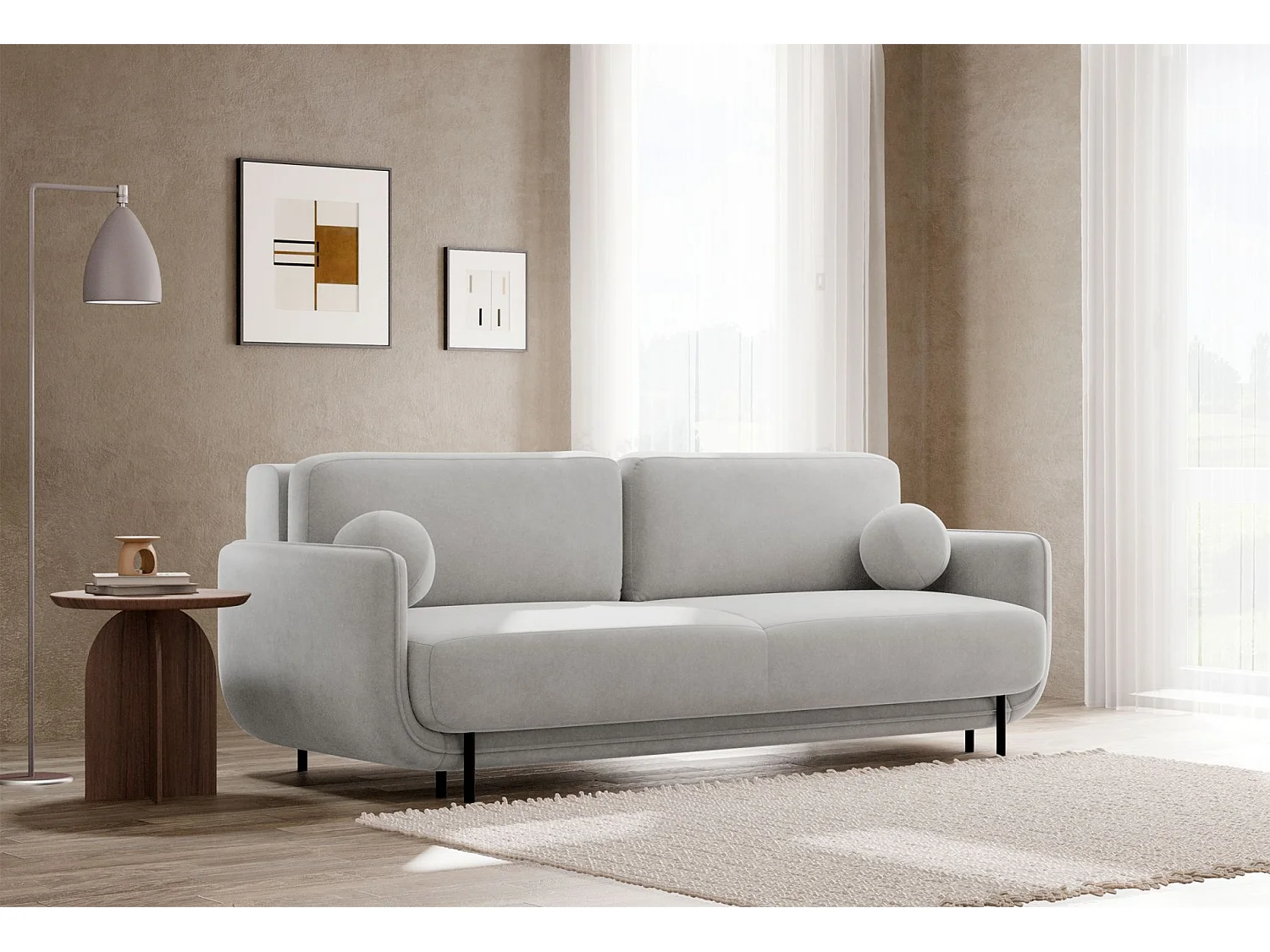 Canapé convertible 3 places – velours – gris clair – OVALS