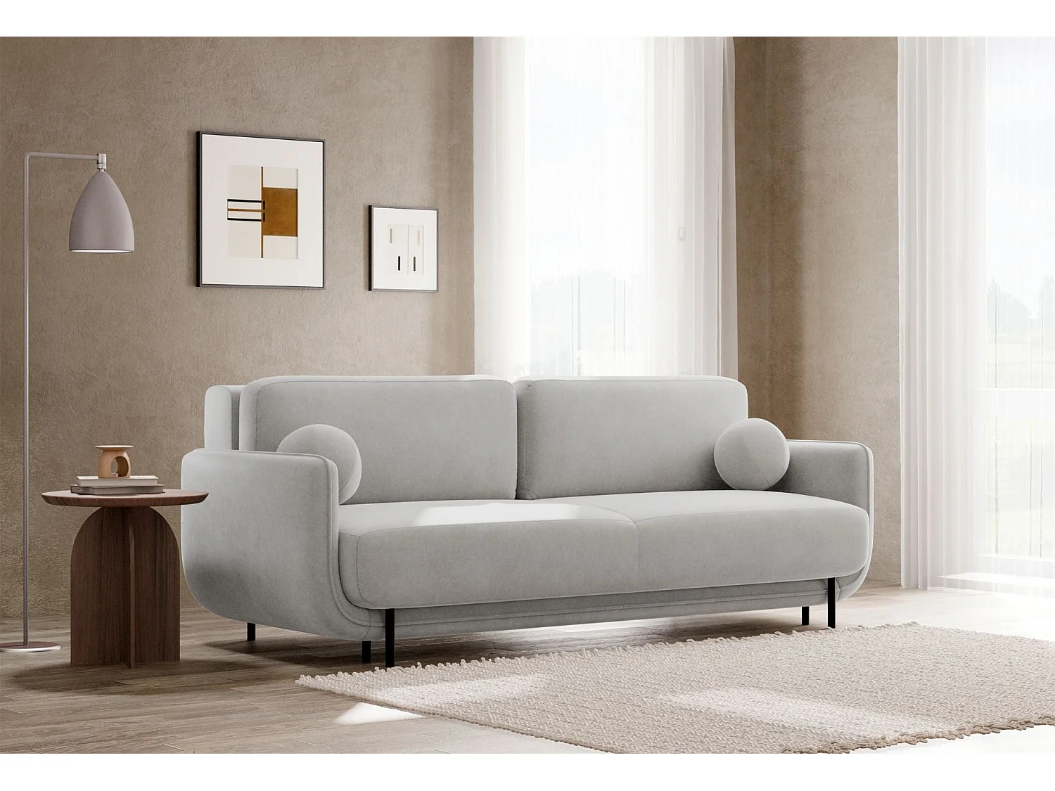 3-Sitzer Schlafsofa – Samt – Hellgrau – OVALS