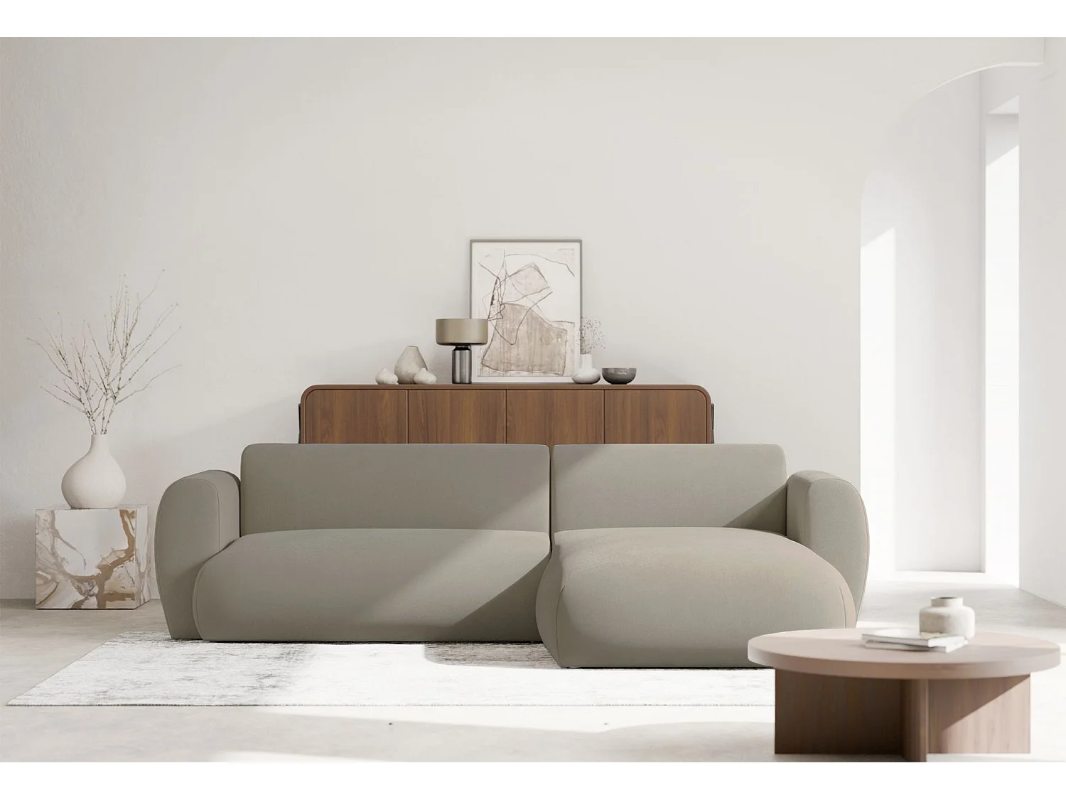 Ecksofa mit pflegeleichtem Chenillebezug – Schlaffunktion – Greige – rechts – EMIA