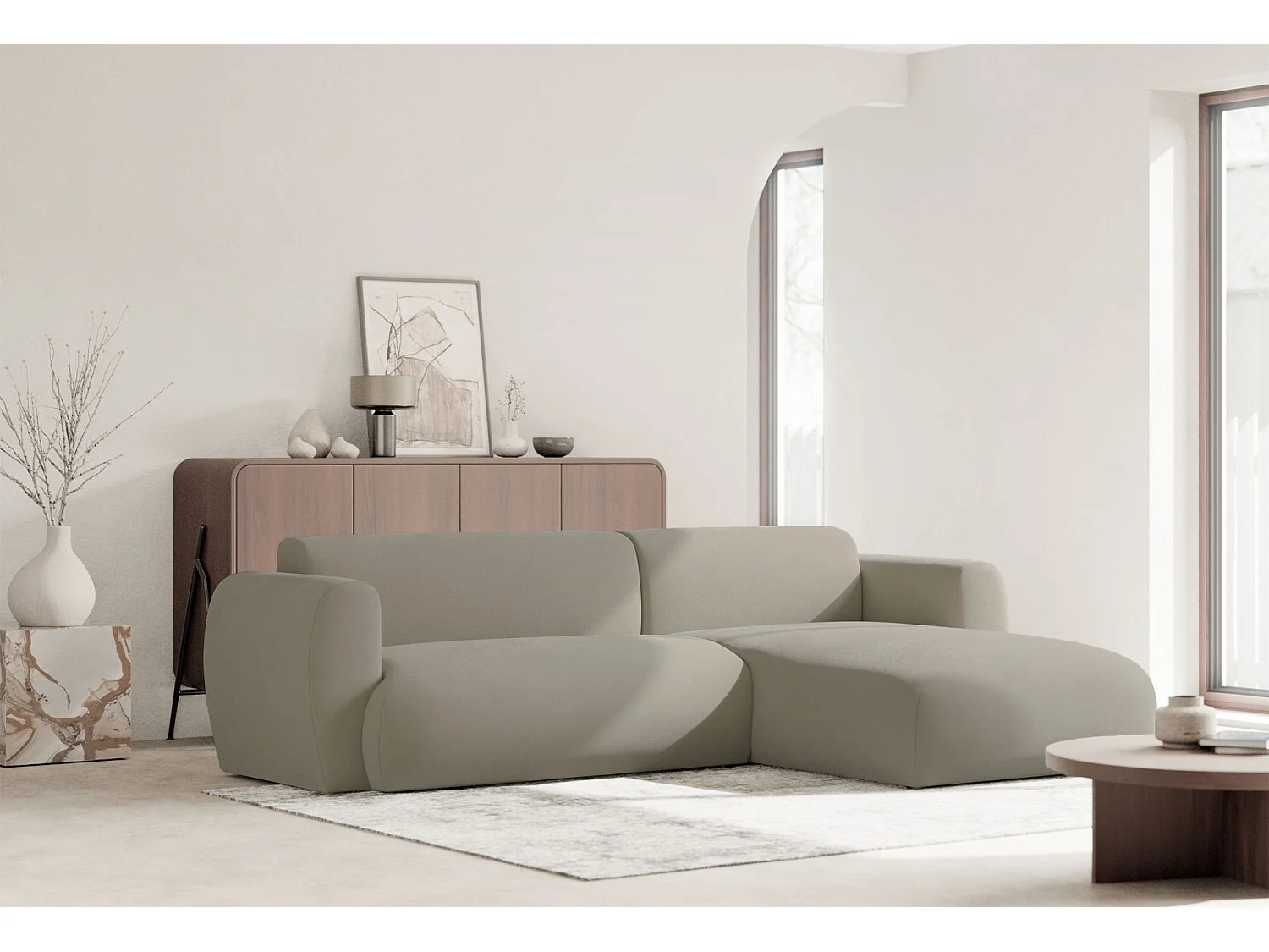 Ecksofa mit pflegeleichtem Chenillebezug – Schlaffunktion – Greige – rechts – EMIA