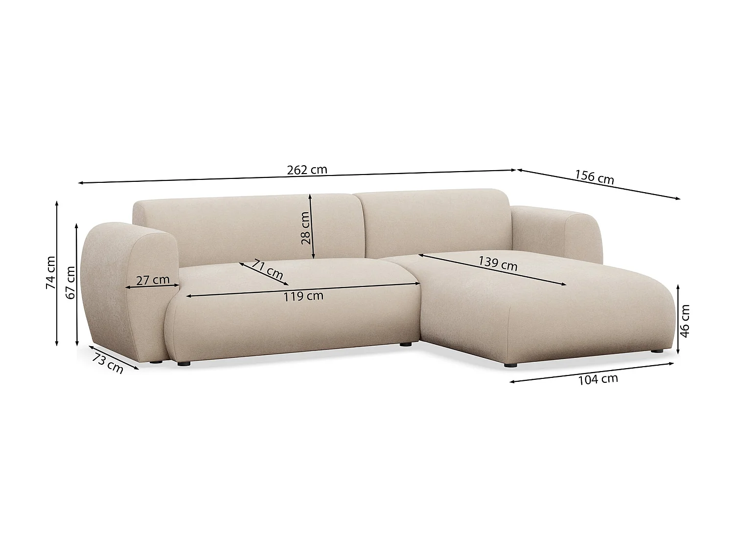 Canapé d'angle convertible 3 places en tissu chenille taupe