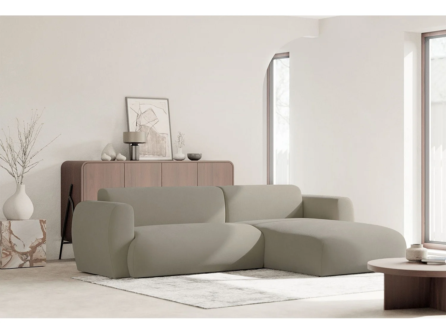 Canapé d'angle convertible 3 places en tissu chenille taupe