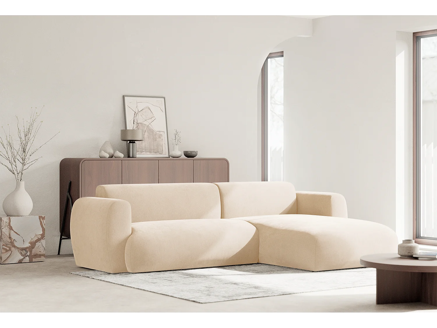 Canapé d’angle avec tissu chenille – couchage – Beige clair – droit – EMIA