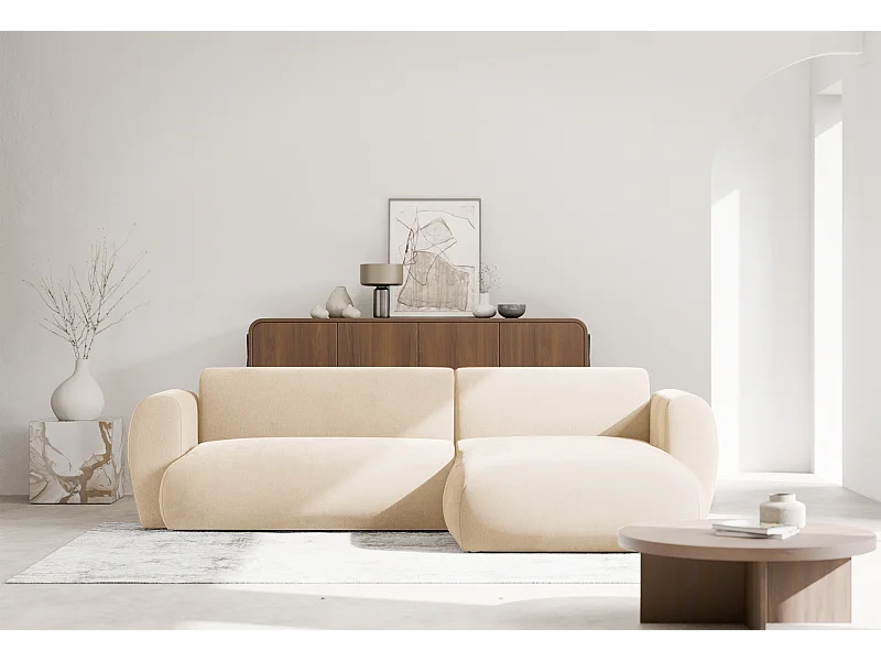 Ecksofa mit Chenillebezug – Schlaffunktion – Hellbeige – rechts – EMIA