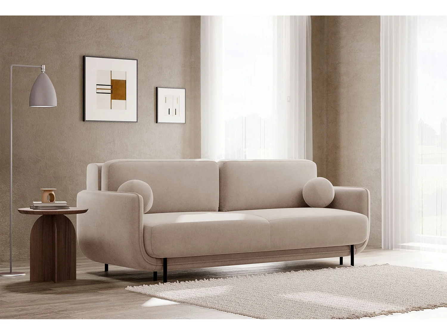 Canapé convertible 3 places – velours – beige – OVALS