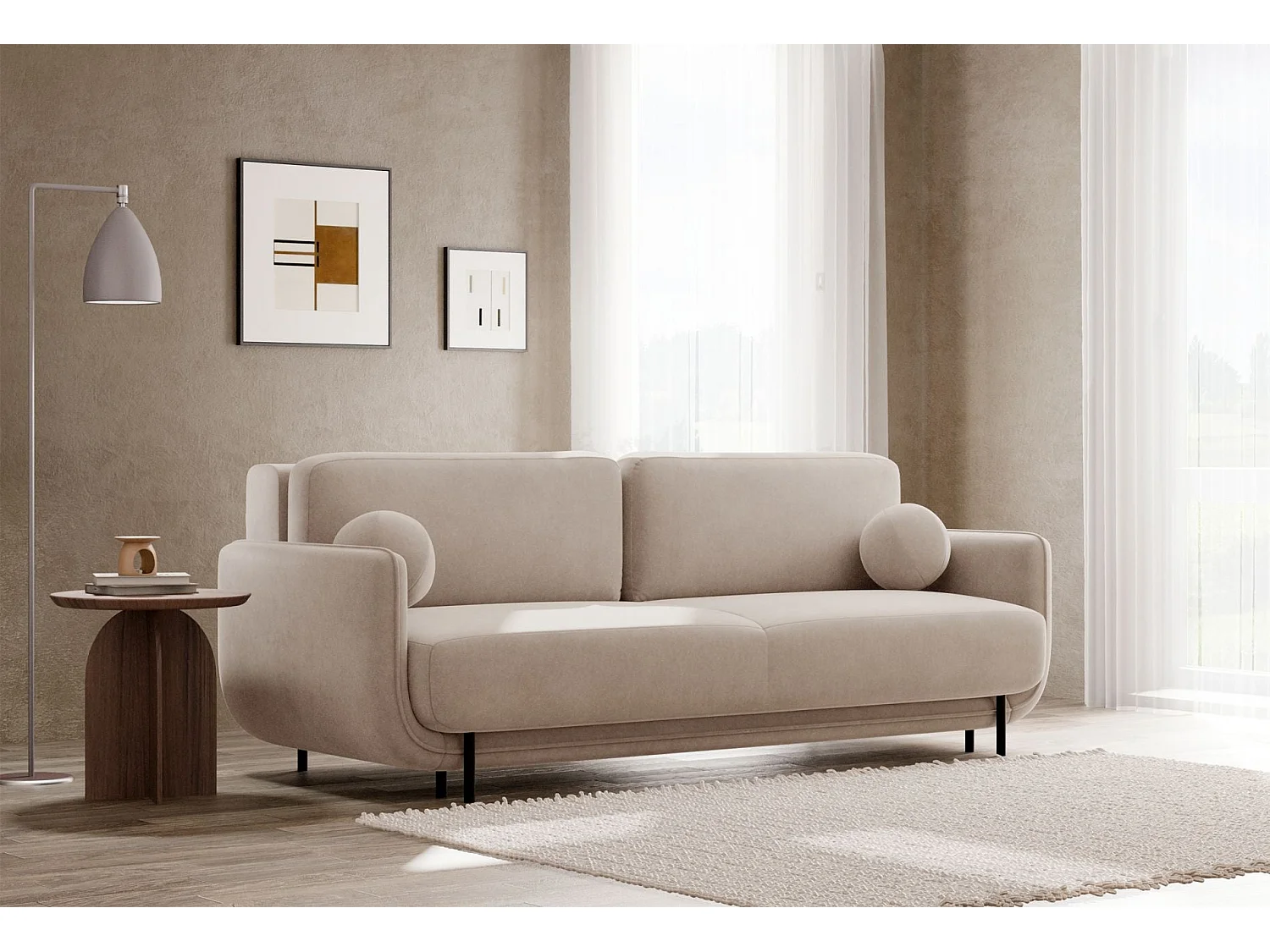 3-Sitzer Schlafsofa – Samt – Beige – OVALS