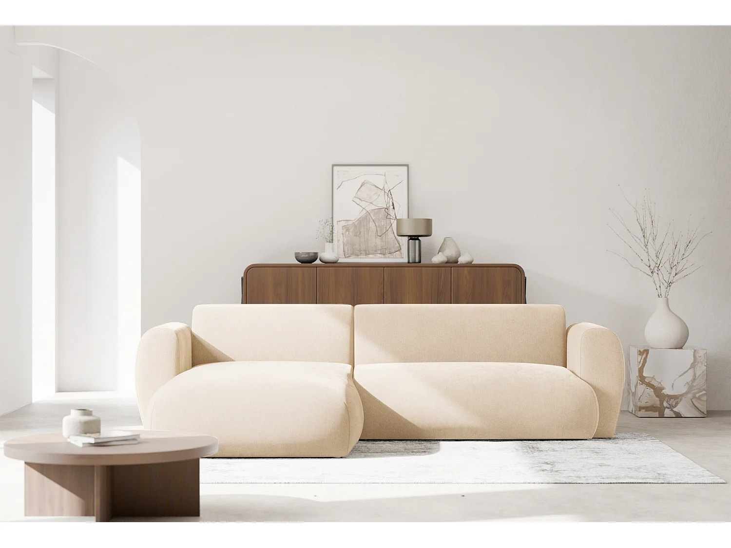 Canapé d’angle avec tissu chenille – couchage – Beige clair – gauche – EMIA