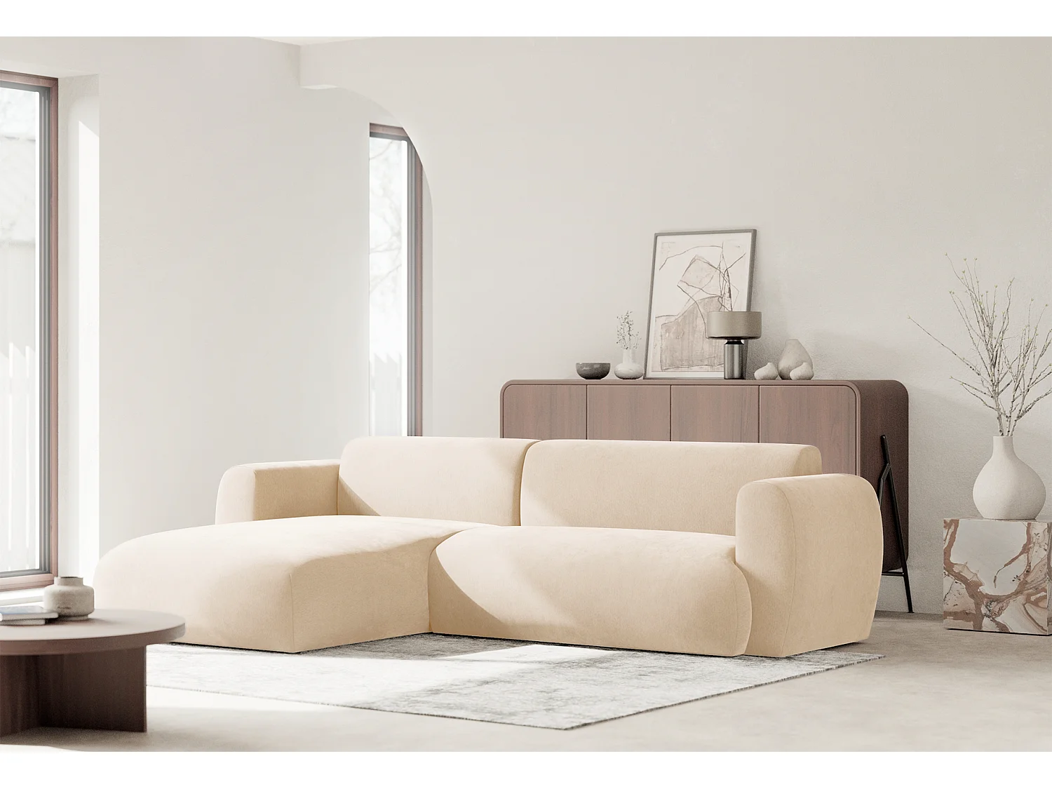 Canapé d’angle avec tissu chenille – couchage – Beige clair – gauche – EMIA