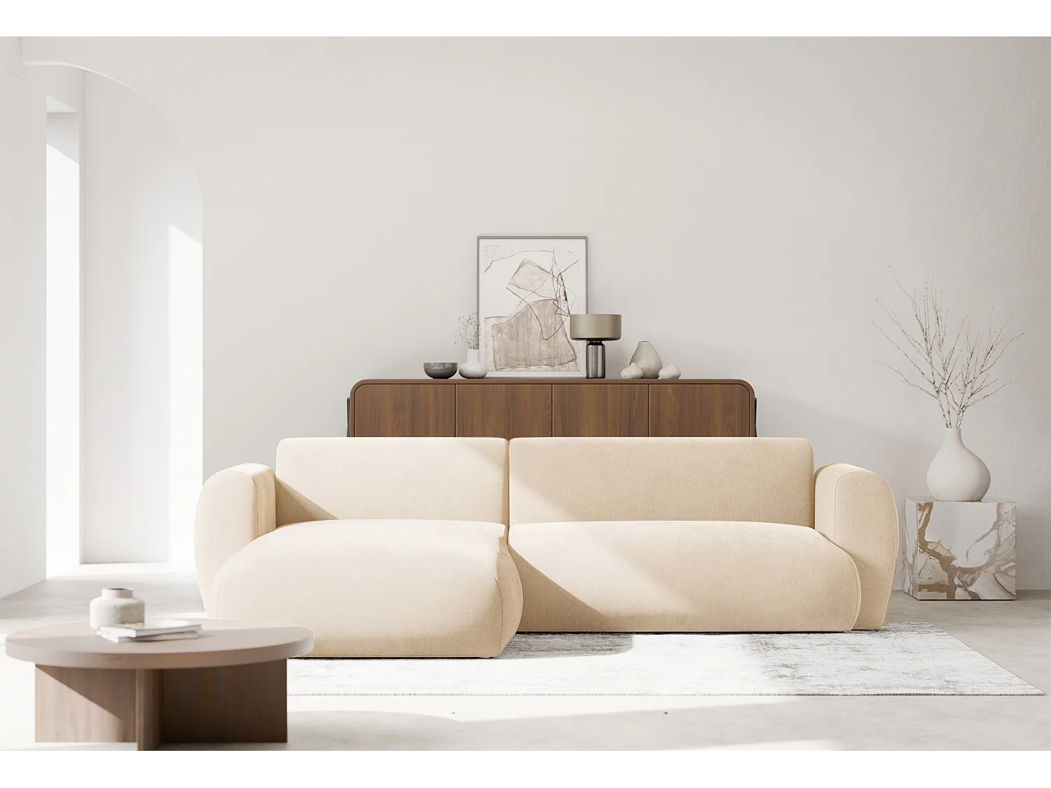 Canapé d’angle avec tissu chenille – couchage – Beige clair – gauche – EMIA