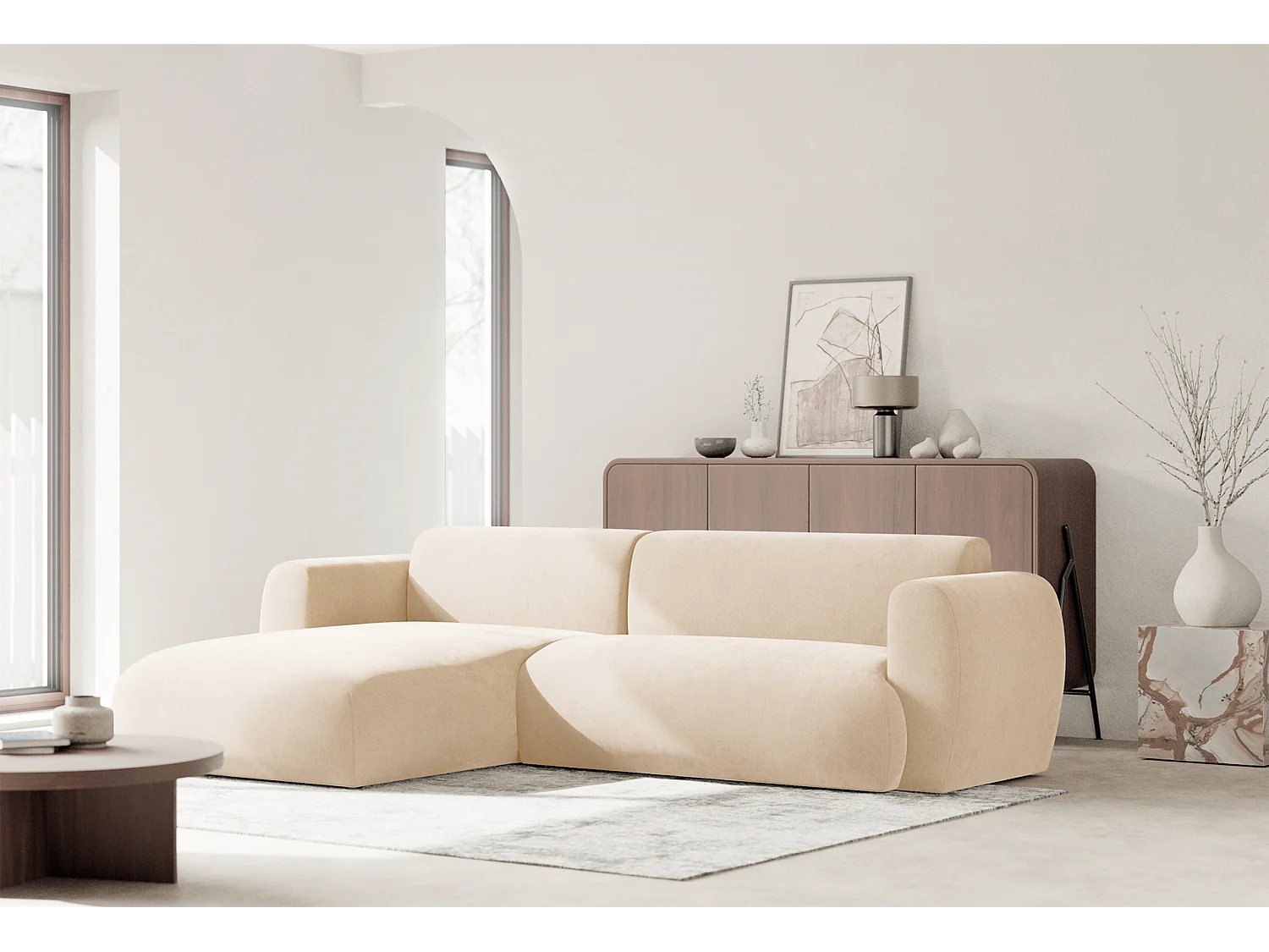 Canapé d’angle avec tissu chenille – couchage – Beige clair – gauche – EMIA