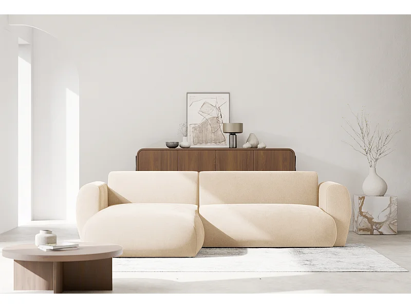 Canapé d’angle avec tissu chenille – couchage – Beige clair – gauche – EMIA
