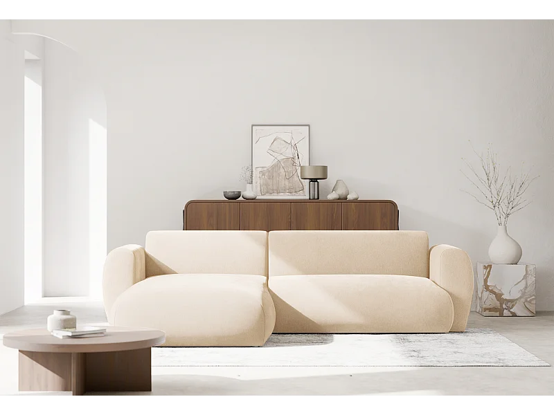 Ecksofa mit Chenillebezug – Schlaffunktion – Hellbeige – links – EMIA