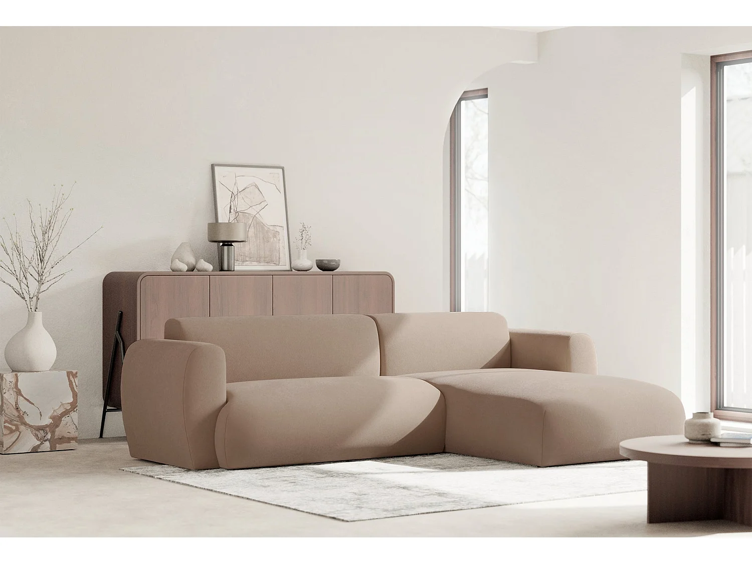 Canapé d'angle convertible 3 places en tissu chenille beige EMIA