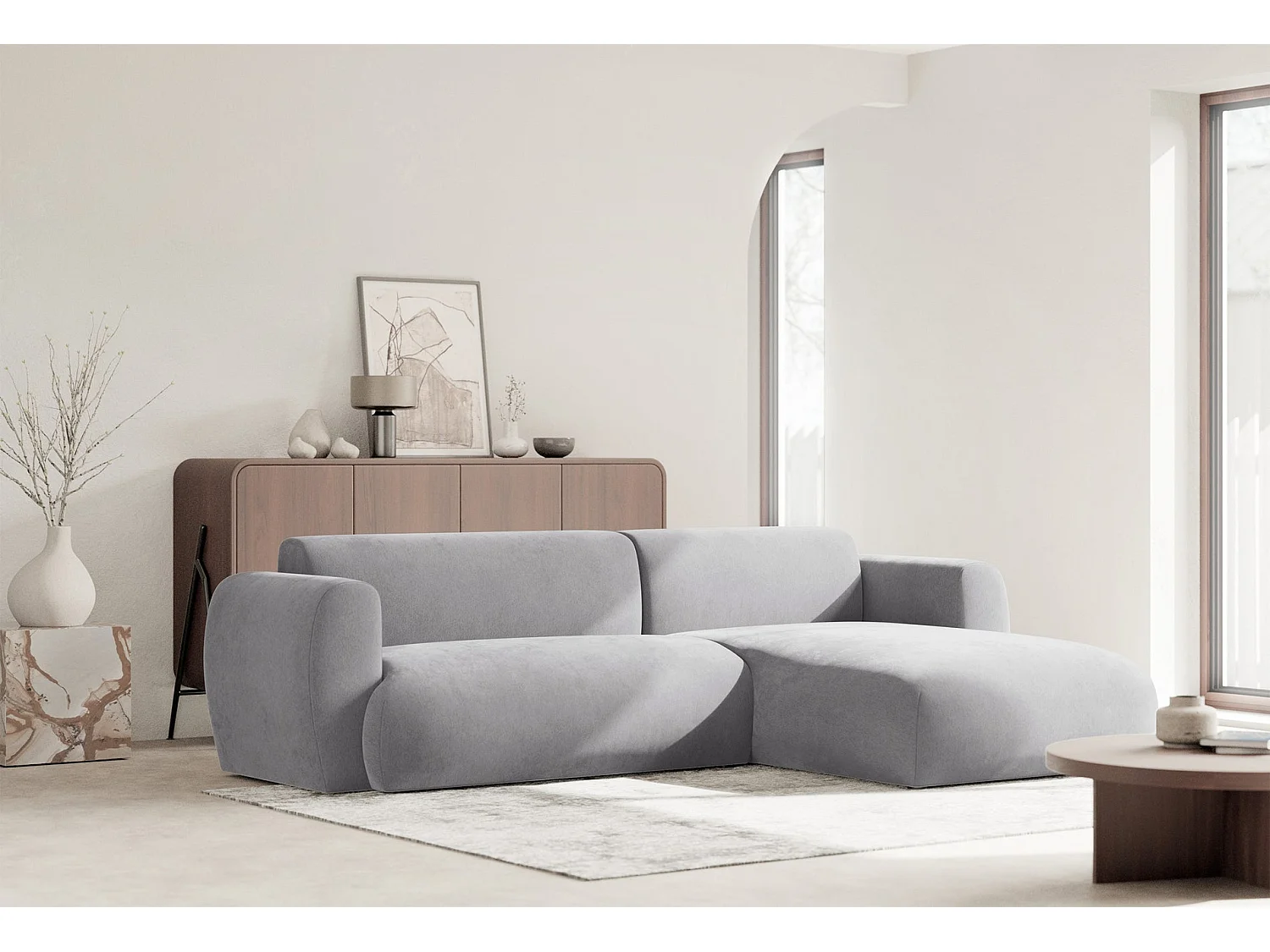 Canapé d’angle avec tissu chenille – couchage – Gris – droit – EMIA