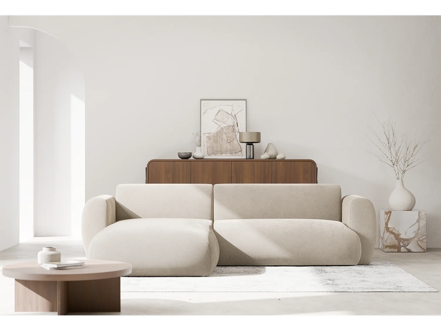 Canapé d’angle avec tissu chenille – couchage – Beige – gauche – EMIA