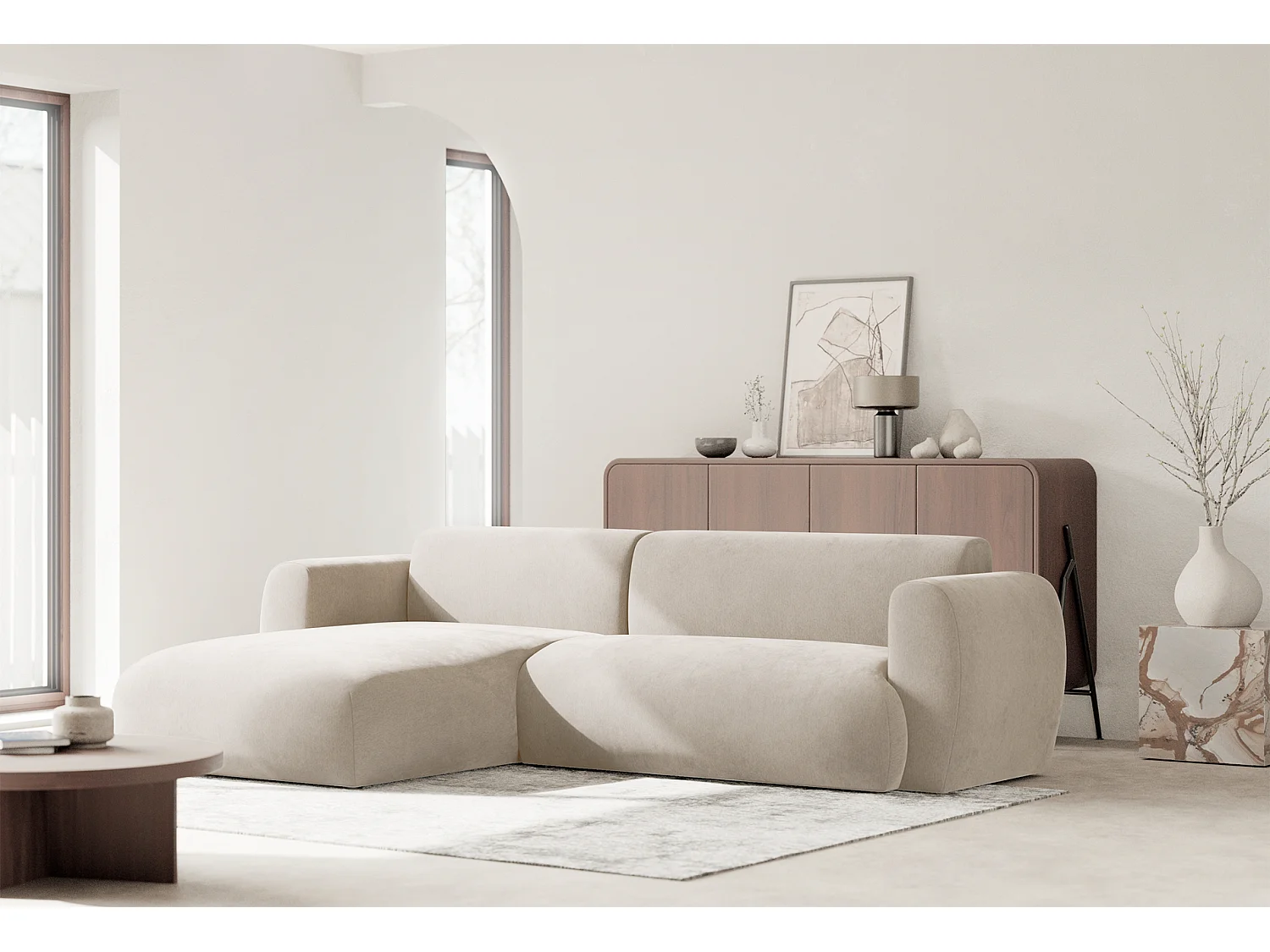 Canapé d’angle avec tissu chenille – couchage – Beige – gauche – EMIA