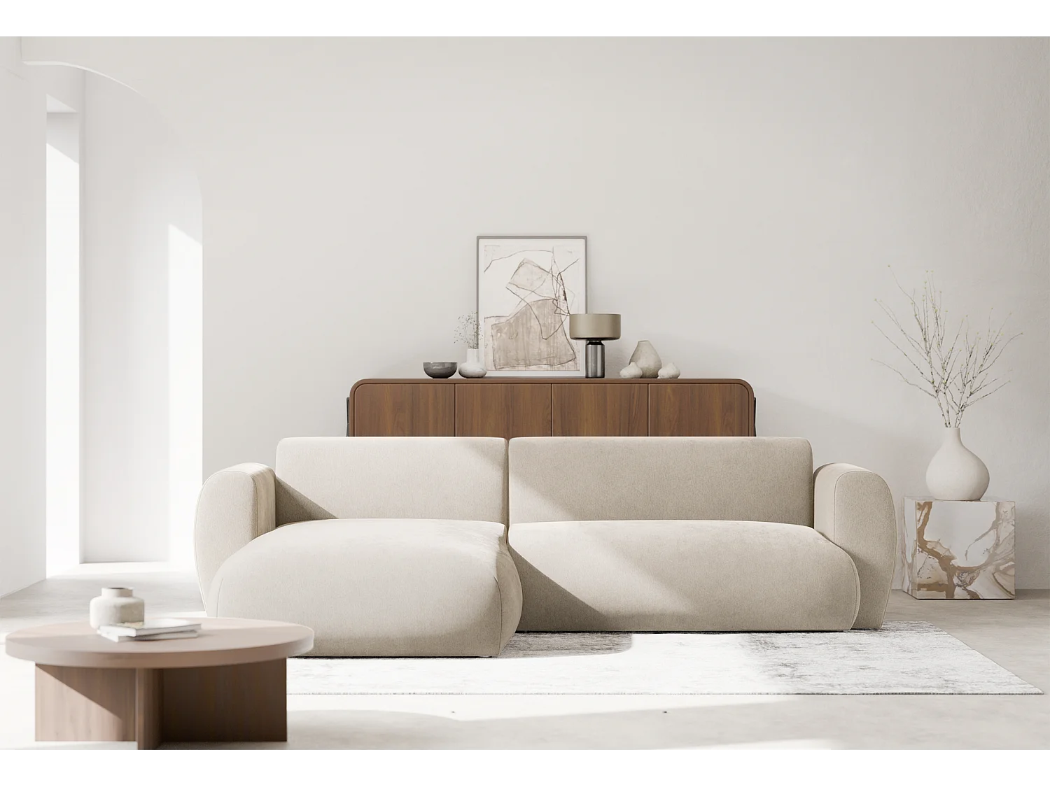 Canapé d’angle avec tissu chenille – couchage – Beige – gauche – EMIA